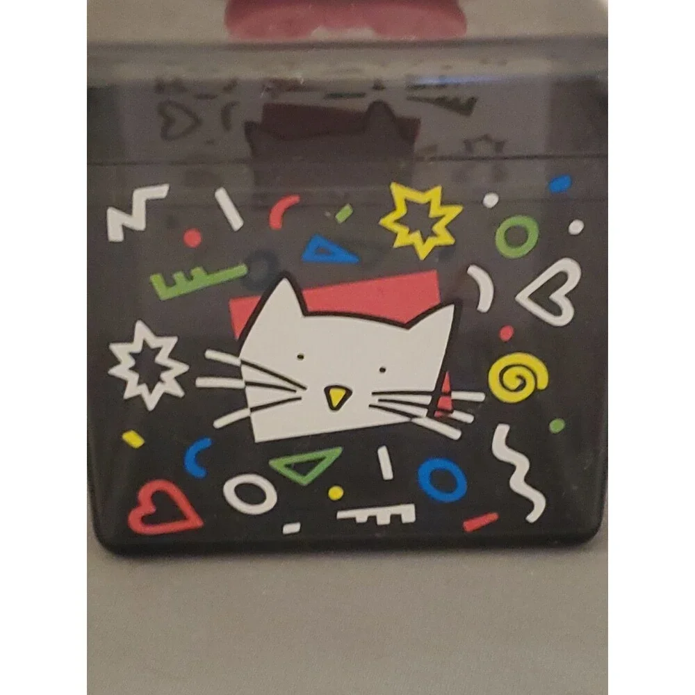 Vintage 90’s Sanrio Cat Clear Black Plastic Trinket Box With Pink Bow On Top